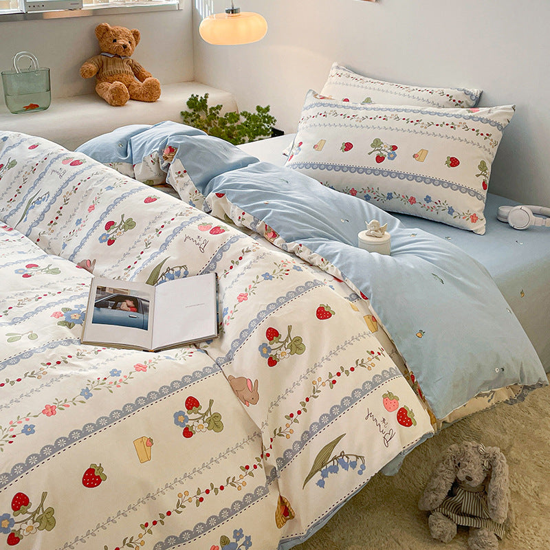 JazzHer Cotton Bedding Set Floral Rabbit Ins No Filler Duvet Cover Flat Sheet Pillowcase Full King Size Soft BedSpread Home Textile