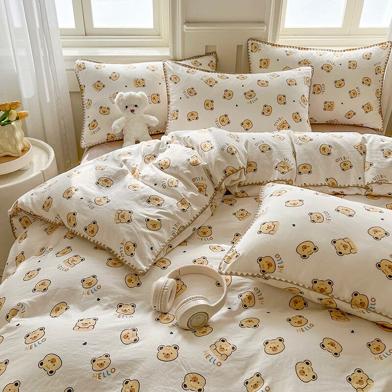 JazzHer Cute Bear Double Layer Yarn Quilt Cover Bed Sheet Pillowcase Twin Queen Size Bedding Set Girls Kids Duvet Cover Set No Filler