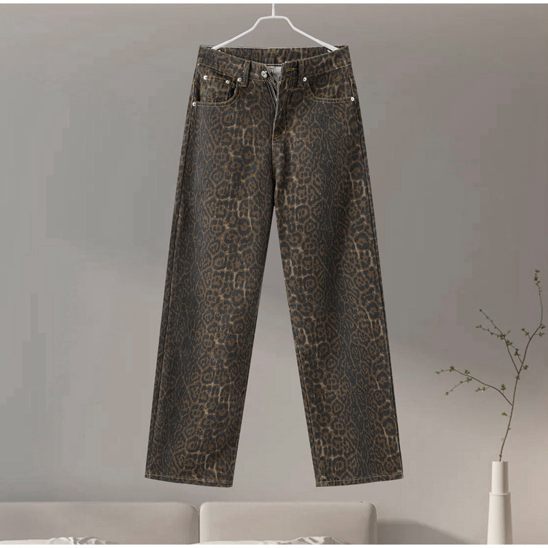 thanksgiving outfit JazzHer Vintage Leopard Jeans Women Casual Loose High Waist Straight Pants Female 2024 Sping Chic Hip Hop Y2k Fashion Streetwear Lady