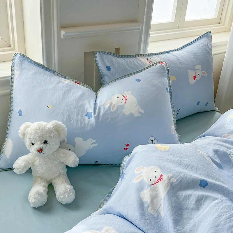 JazzHer Kawaii Rabbit Bedding Set Bed Flat Sheet Pillowcase Twin Full Queen Cartoon Bed Linen Kids Girls Duvet Cover Set No Filler