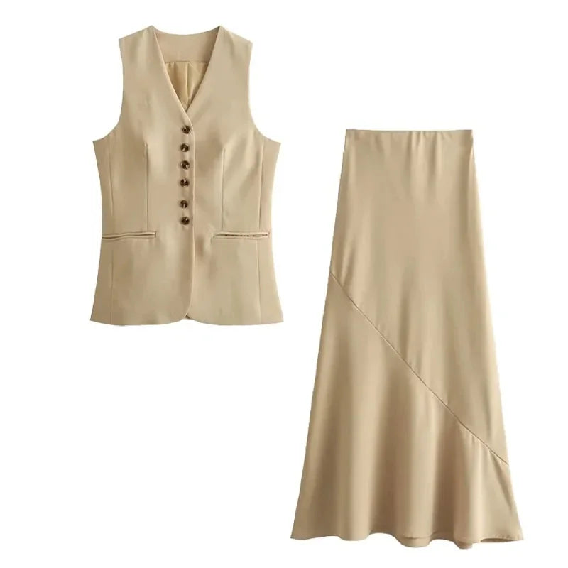 JazzHer Women Vest Skirt Sets Female Khaki Long Blazer Vest V Neck Sleeveless Slim Top+Elegant High Waist A Line Skirt Suit