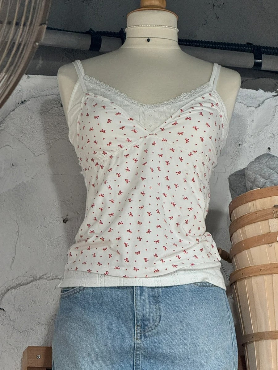 JazzHer Cute Red Bow Fungus Trim Tank Tops Women New Casual Cotton Slim Bow V-neck Sleeveless Camis Girl Sweet Preppy Style Crop Top Y2K