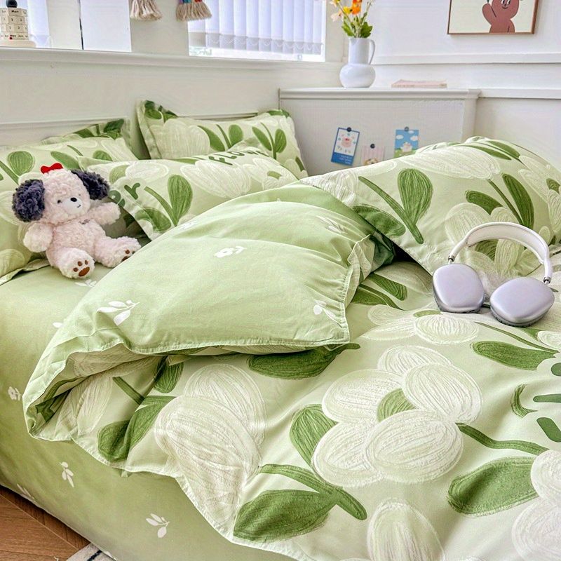 JazzHer White Green Bedding Set Floral Ins Duvet Cover with Zipper No Filler Flat Sheet Pillowcase Twin Queen Size Bed Linens