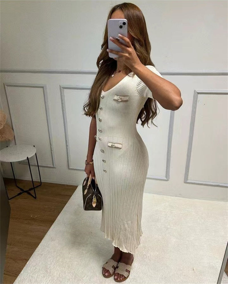 JazzHer Office Lady Elegant Knitted Long Dress Summer Short Sleelve V Neck Single Breasted Bodycon Dresses Women Party Fashion Vestidos