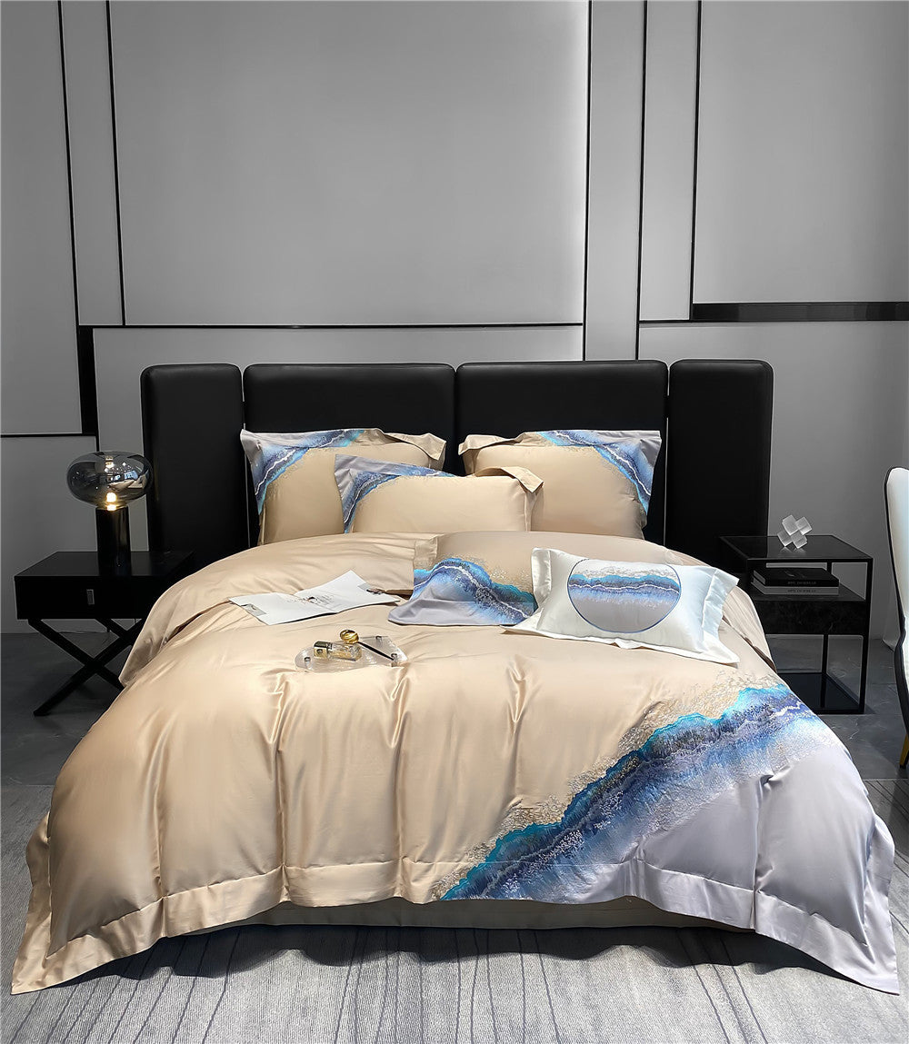 JazzHer Long staple cotton mountain and sea embroidery four piece set of pure cotton simple contrasting color bedding