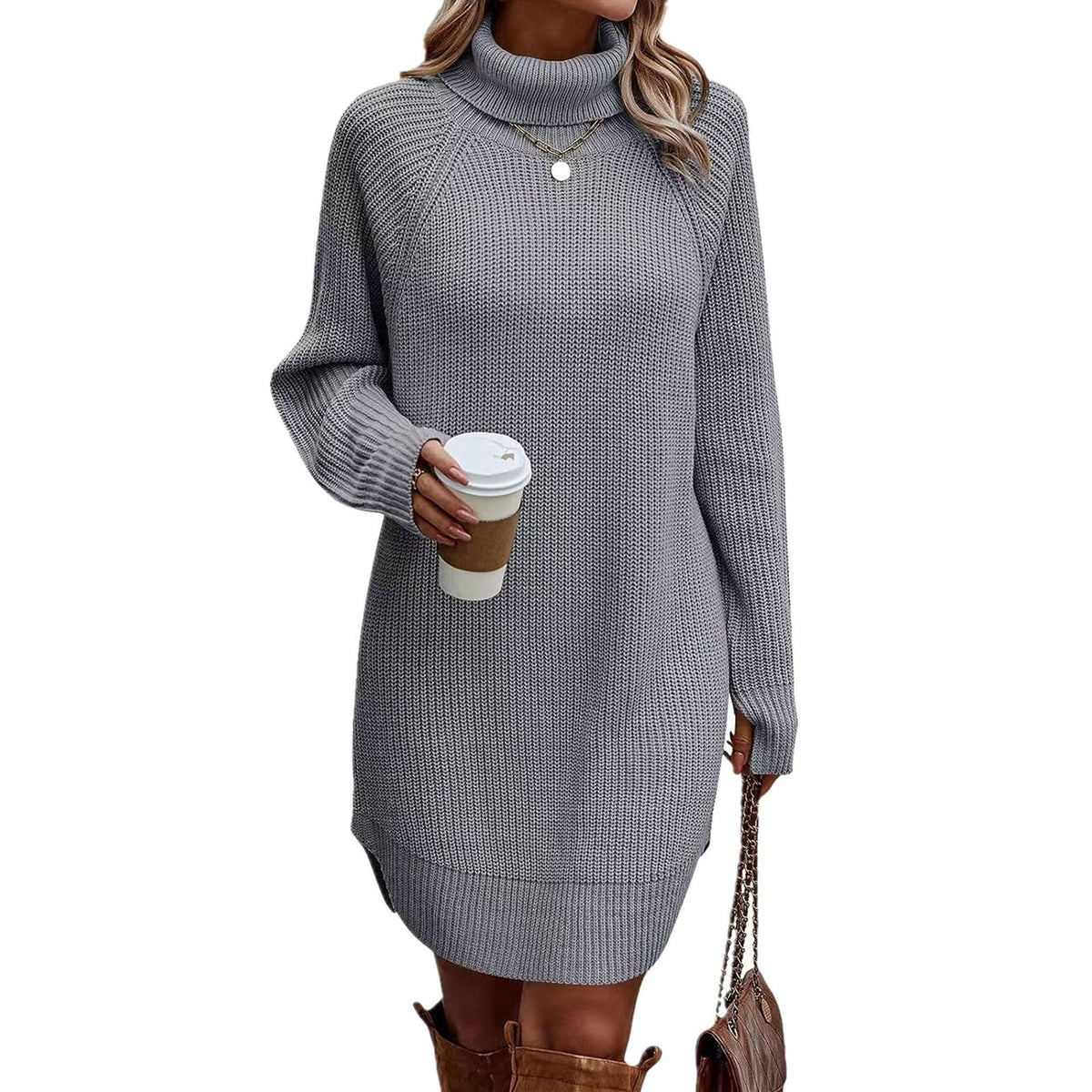 thanksgiving outfit JazzHer Women s Fall Mini Dress Long Sleeve Turtleneck Solid Color Knitted Dress Casual Sweater Dress