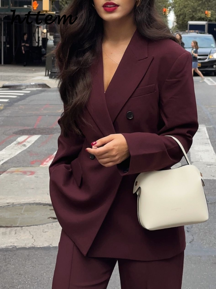 JazzHer Elegant Women's Burgundy Suit Jacket Vintage Lapel Double Breasted Pocket Full Sleeve Blazer 2024 Autumn Lady Office Outwear New