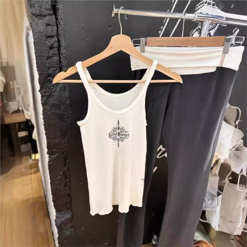 JazzHer American Retro New White Slim Cami Y2k Streetwear Casual Letter Print Tank Top 2025 U Neck Casual Sleeveless Top Women Summer