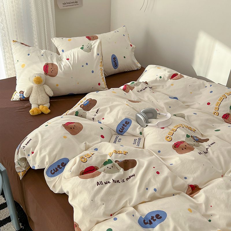 JazzHer Ins Korean Cartoon Little Bear Cute Bedding Set Autumn Winter Polyester Bed Sheet Pillowcase Twin Full Queen Size Quilt Cover