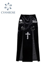 christmas outfit JazzHer Goth Vintage Black High Split Skirts Aesthetic Sexy High Waist Bow Bodycon Long Skirt Elegant E Girl Punk Partywear Clothes Y2k