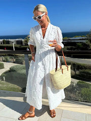 JazzHer Elegant Lace Embroidery Single Breasted Dress Women Loose V-neck Lantern Sleeve Female Dresses 2024 Summer Lady Holiday Robe New