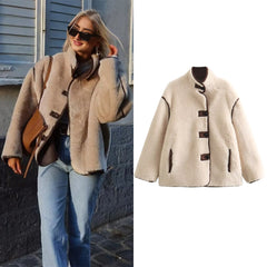 JazzHer Autumn Winter Jacket Women Casual Fleece Loose Coat High-Collar Button Coat Fashion Thick Warm Jacket Zipper Outerwear Female