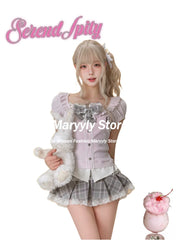 JazzHer Japanese Sweet Preppy Style 2 Piece Set Women Kawaii Lace Patchwork Bow Tops + Y2k Plaid Mini Skirt Elegant Fashion Outifits New