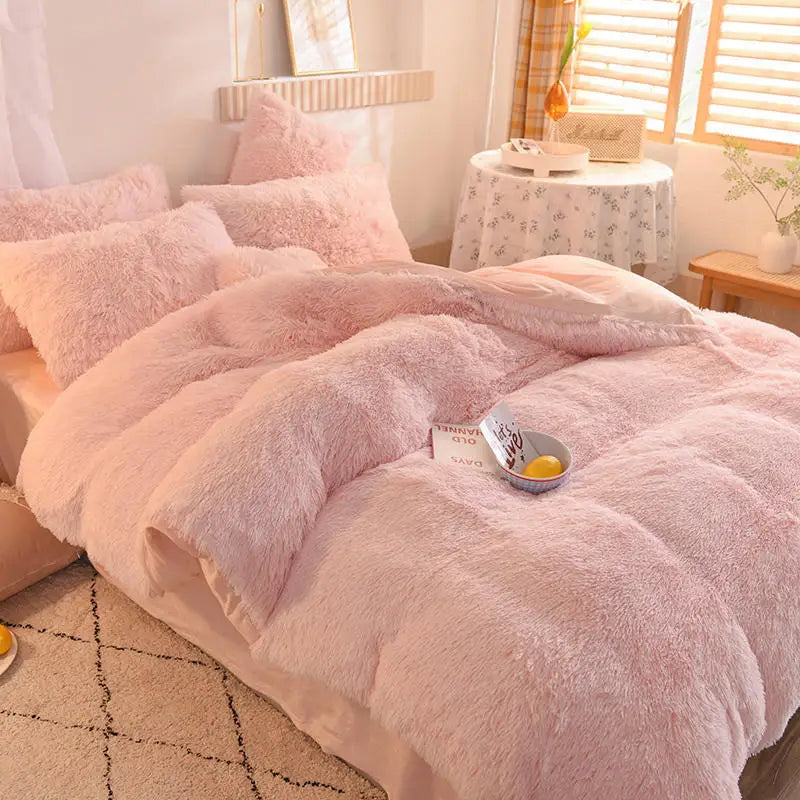 JazzHer Luxury Winter Warm Long Plush Pink Bedding Set Queen Mink Velvet Double Duvet Cover Set with Fitted Sheet Warmth Quilt Covers