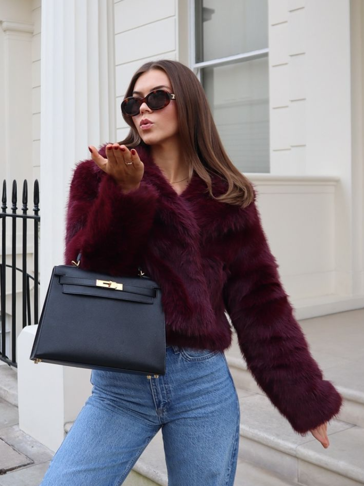 JazzHer Burgundy Red Chic Women's Fluffy Faux Fur Short Jacket Women Elegant Lapel Long Sleeve Plush Coat Female Warm Cropped Streetwear