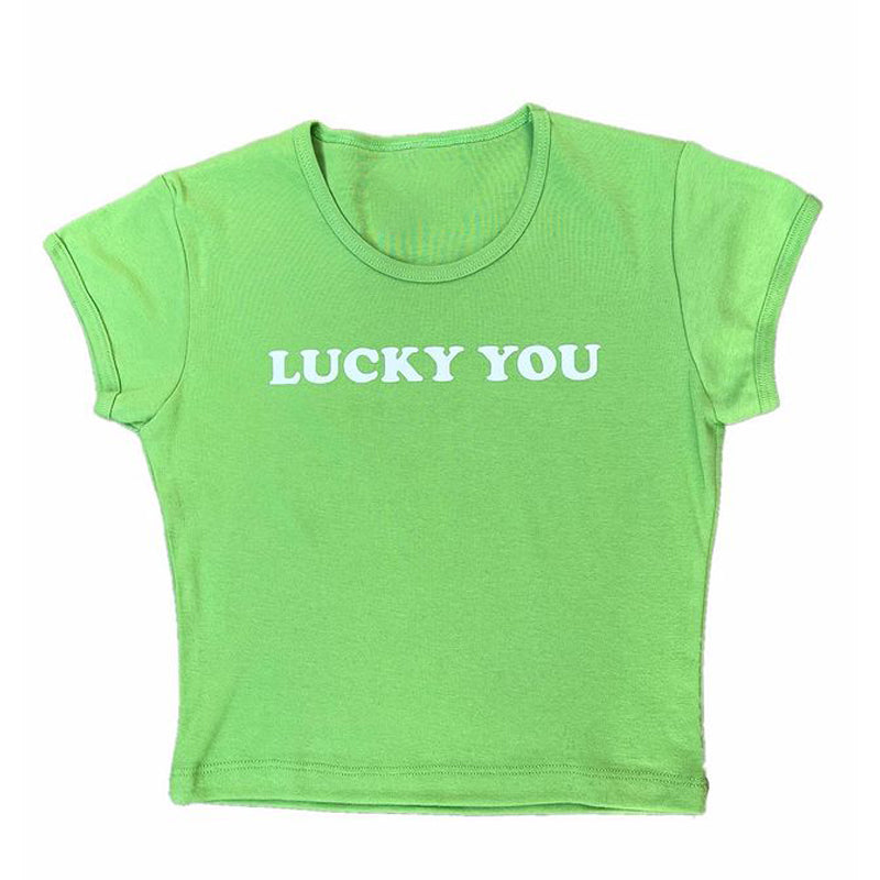 JazzHer LUCKY YOU Crop Top Y2k Clothes Gothic Grunge Fairycore Avocado Green Baby Tee Punk Streetwear Women's Slim Vinatge Tee