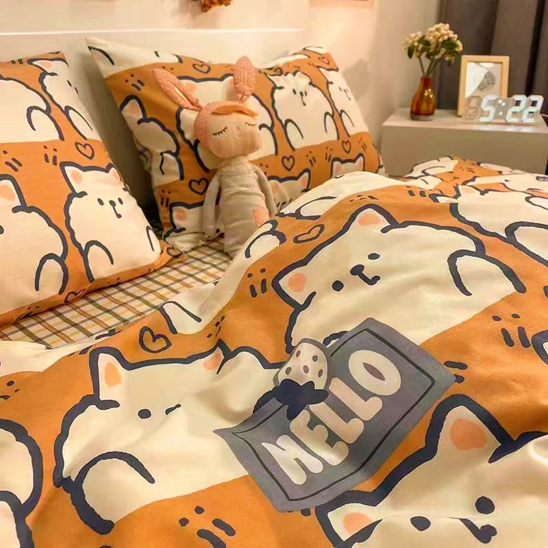 JazzHer Korean Style Cartoon Sheep Bedding Set Girls Kids Twin Full Queen Size Bed Flat Sheet Duvet Cover Pillowcases Bed Linen Kawaii