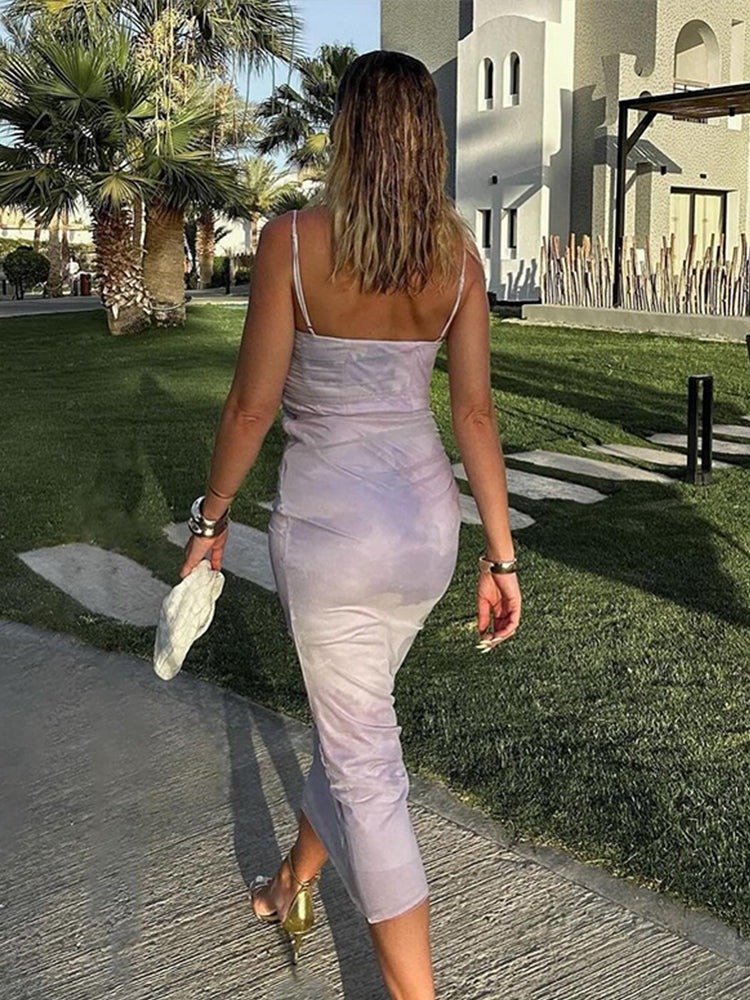 JazzHer Pleated Print Sling Long Dresses Women Sexy Sleeveless Backless Midi Dress 2025 Summer V Neck Bodycon Ladies Fashion Party Robe