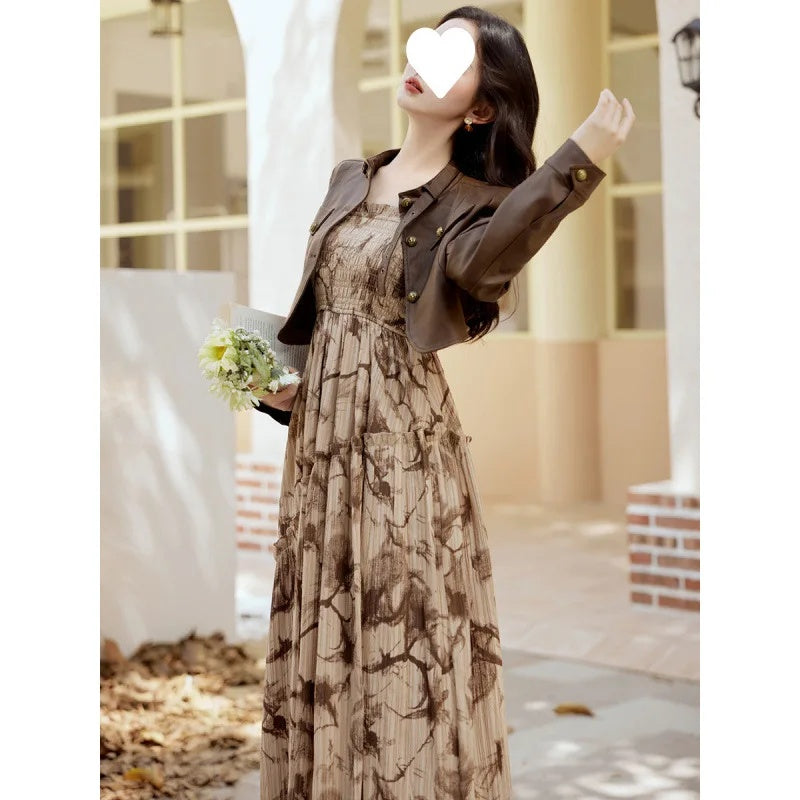 cold weather outfits JazzHer Coffee Color Leather Jacket And Printed Maxi Dress 2-Piece Set Women's Fashionable Spring Autumn Long Dress Suit