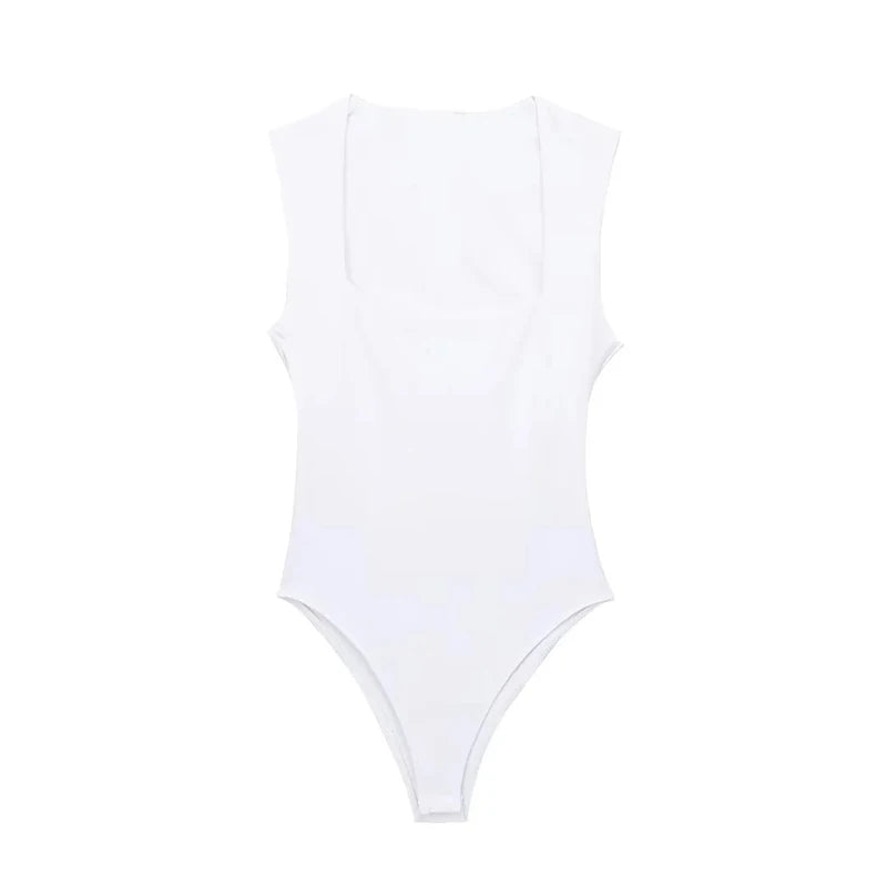 JazzHer black body woman sleeveless white bodysuit women square neck summer one piece swimsuits sexy lingerie women's bodysuit