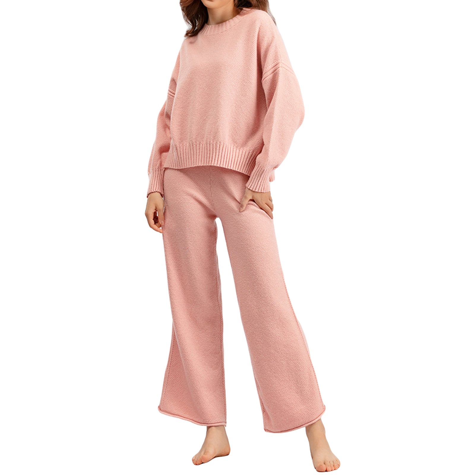 thanksgiving outfit JazzHer Women Casual Sweater Set Winter Solid Color Round Neck Sweater and Wide Leg Pants Outfits Winter 2 Piece Outfits for Yoga