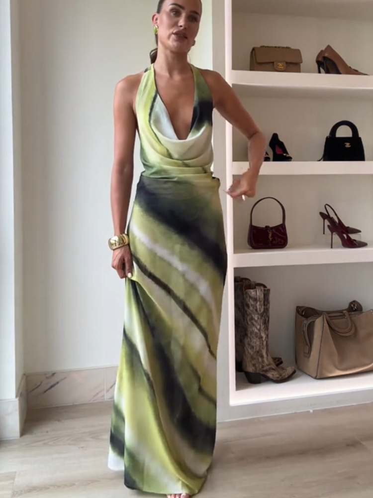 JazzHer 2025 New Gradient Tie Dye Contrasting Halter Dress Women Open Back Sleeveless Maxi Robes Female High Street Party Long Dresses