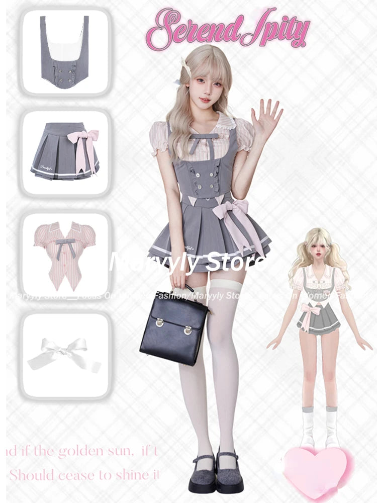 JazzHer 2025 Japanese Sweet Preppy Style Skirt Suit Women Kawaii Slim Striped Blouse + Casual Vest + Cute Bow Mini Skirt 3 Piece Set New