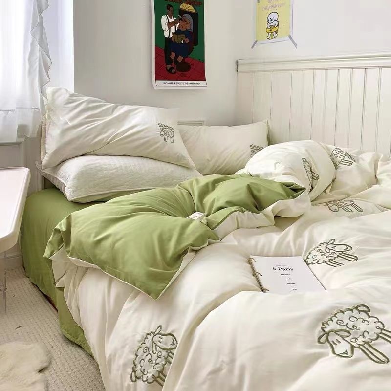 JazzHer Korean Style Duvet Cover Set No Filler Fashion Floral Ins Twin Double Queen Size Boys Girls Flat Sheet Pillowcases Bedding Linen