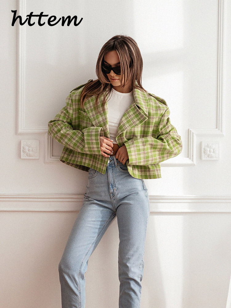 JazzHer Vintage Plaid Short Coats Women Loose Lapel Single Breasted Long Sleeve Female Jackets 2024 Autumn Lady Fashion Commute Outwear