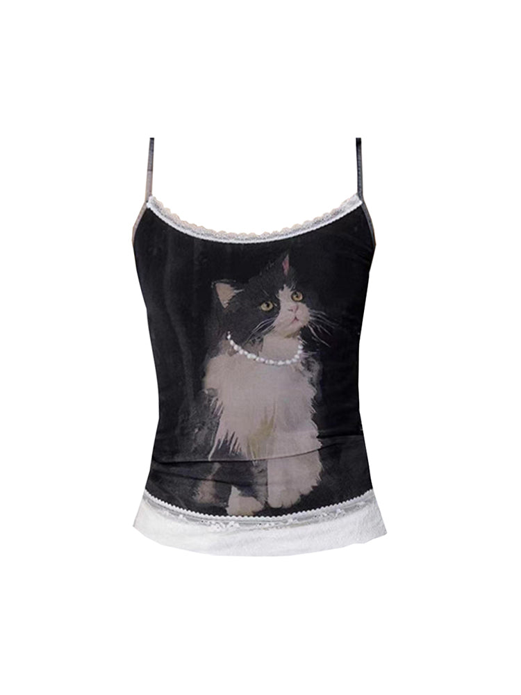 christmas outfit JazzHer Women's Black Crop Top Vintage Y2k Camisole Cat Graffiti Print Sleeveless Off Shoulder Emo Corset Top 2000s Clothes 2025 Summer
