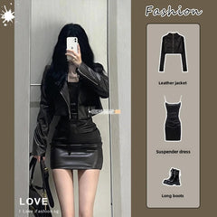 cold weather outfits JazzHer 2024 Autumn New Women's Cropped Leather Jacket Tank Dress Slimming Bodycon Skirt Trendy Fashionable Female Dress Set