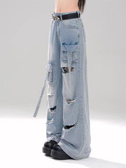 christmas outfit JazzHer Women's Light Blue Baggy Ripped Cargo Jeans Harajuku Denim Trousers Y2k Vintage Japanese 2000s Style Jean Pants Trashy Clothes