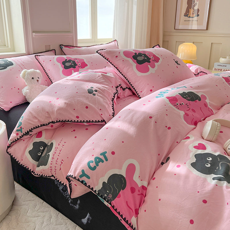 JazzHer Cute Bear Double Layer Yarn Quilt Cover Bed Sheet Pillowcase Twin Queen Size Bedding Set Girls Kids Duvet Cover Set No Filler