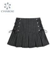 christmas outfit JazzHer Y2k Pleated Skirt Women Sexy High Waist Grey Stripe Bandage Mini Skirts 2025 Summer New A Line Skirt Vintage Harajuku Streetwar