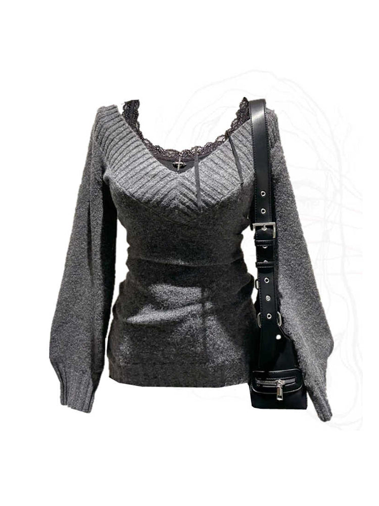 christmas outfit JazzHer Women's Dark Grey Pullover Cashmere Sweater Harajuku Y2k Long Sleeves V-Neck Sweaters Jumper Vintage 2000s Clothes Autumn 2025