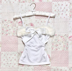 JazzHer Aesthetic Y2k Crop Top 2000s Vintage Women T shirt Bow Sweet Harajuku Cute Girl Slim Camis Fur Kawaii Grunge Clothes Tank Tops