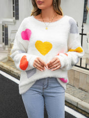 thanksgiving outfit JazzHer Valentine s Day Women Fuzzy Knit Sweater Long Sleeve Round Neck Heart Print Warm Pullover Sweater Fall Winter