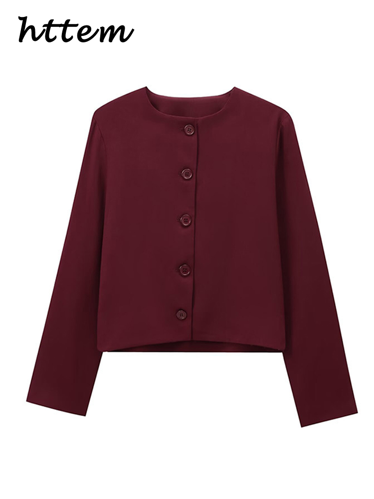 JazzHer Casual Wine Red Women's Short Jacket Elegant O-neck Single-breasted Full Sleeve Coats 2024 Autumn Lady Office Street Outwear New