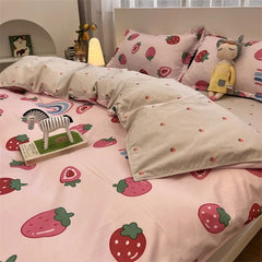 JazzHer Simple Gird Bedding Set Strawberry Duvet Cover Flat Sheet Pillowcases Twin Single Queen Size Bed Linen Home Textile