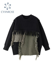 christmas outfit JazzHer Women's Black Gothic Y2k Two-tone Knitted Sweater Harajuku Korean Y2k Long Sleeves Jumper Sweaters Vintage 2000s Clothes Autumn
