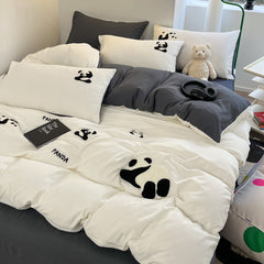 JazzHer Ins Cartoon Panda Bedding Set Towel Embroidery Duvet Cover Queen Twin Full Size Grey Bed Flat Sheet Quilt Cover Pillowcases