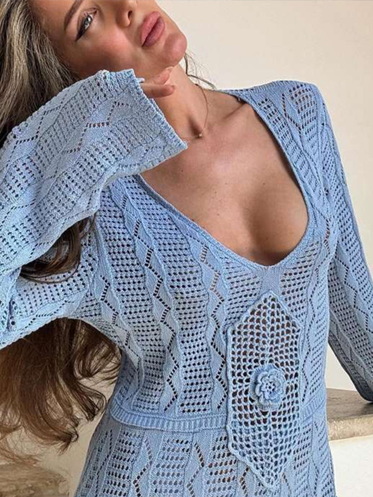 JazzHer Elegant Knit Hollow Out Long Dress Women Loose V-neck Full Sleeves See Through Beach Female Dresses 2024 Summer Lady Beach Robes