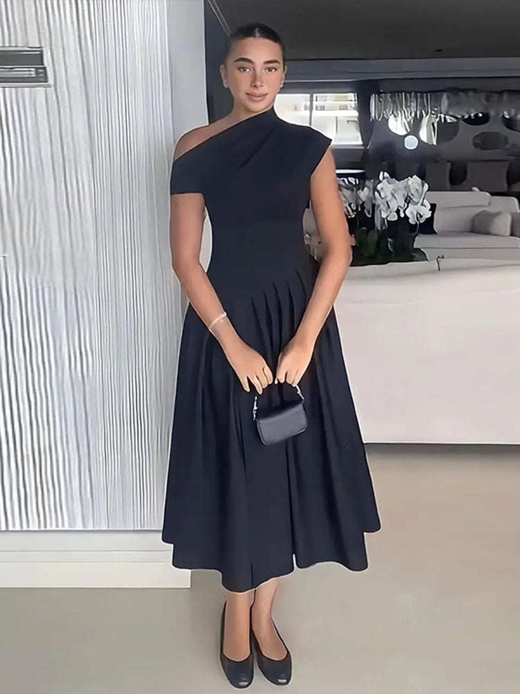 JazzHer Elegant Single Shoulder Patchwork Pleated Dress Women Skew-collar Short SleeveFemale Party Dresses 2024 Summer Chic Streetwear