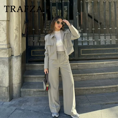 cold weather outfits JazzHer 2024 Spring Summer Casual Women Solid Suits Fashion Streetwear Pockets Turn-down Collar Short Jackets+Chic Wide leg pants