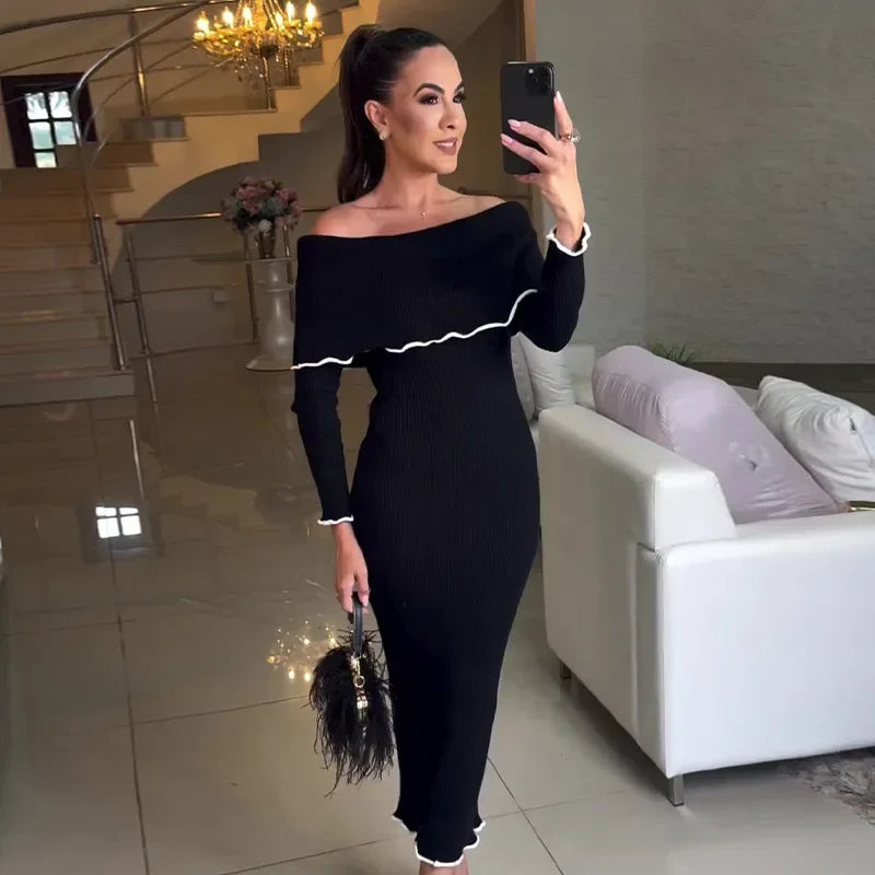 JazzHer Elegant Knit Off Shoulder Midi Dress Women Slim Slash Neck Long Sleeve Hip Package Female Dresses 2024 Autumn Lady Casual Robes