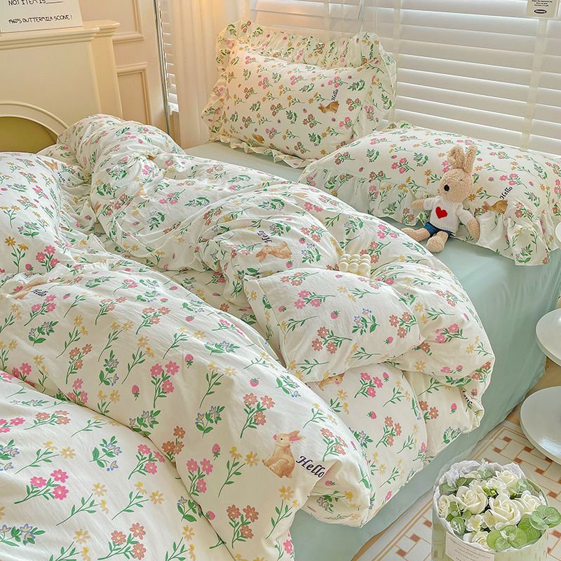 JazzHer Ins Korean Style Duvet Cover Set with Flat Sheet Pillowcase No filler Washed Cotton Queen Full Twin Cute Floral Bedding Set