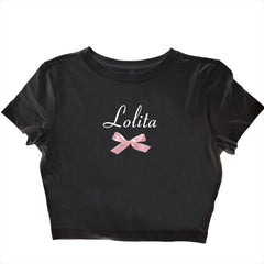 JazzHer Sweet Bow Lolita Print Cute Sexy Crop Tops Aesthetic Fairy Fashion Y2K Clothes Emo Girls Punk Fairy tale Streetwear Baby T-Shirt