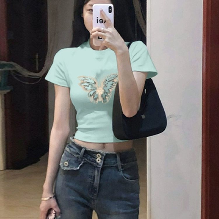 JazzHer Y2k Summer T shirts Cropped Tops Women Clothes Vintage 90s Short Sleeve Sexy O-Neck Punk Streetwewar Tee Goth Femme T shirt Top