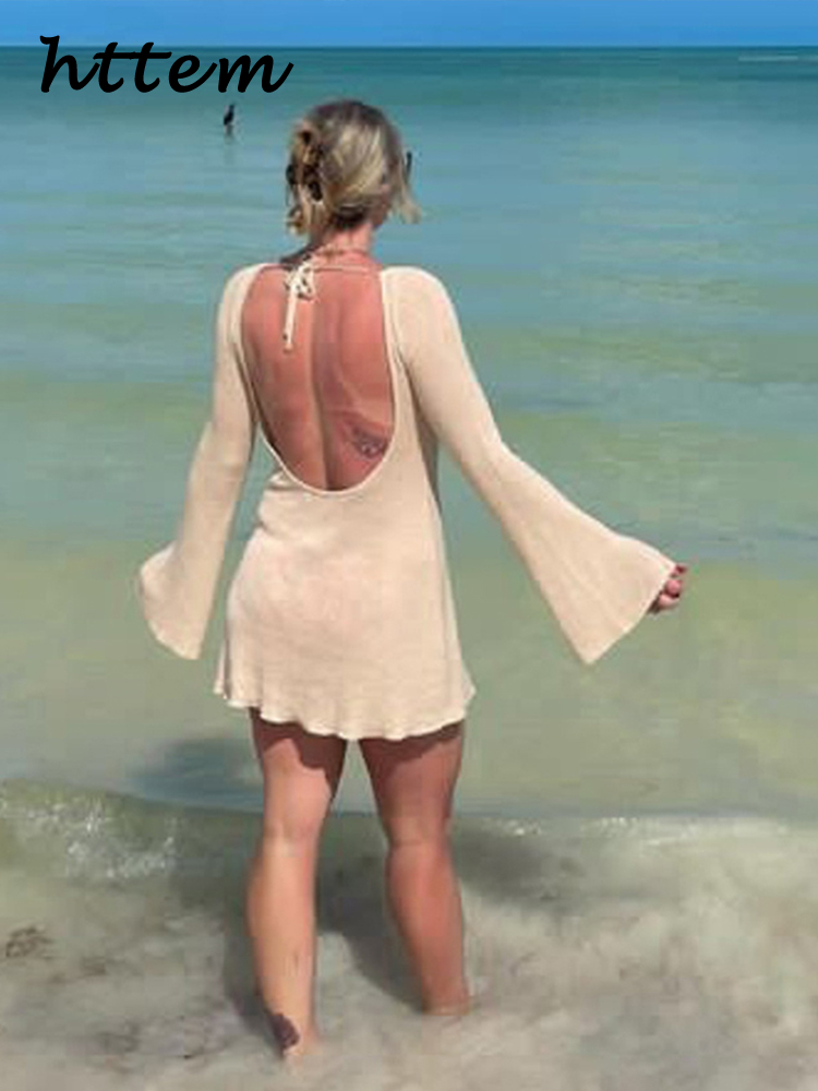 JazzHer Sexy Knit Backless Beach Mini Dress Women Lace Up O-neck Long Flare Sleeve Vacation Dresses 2024 Summer Autumn Lady Solid Robes