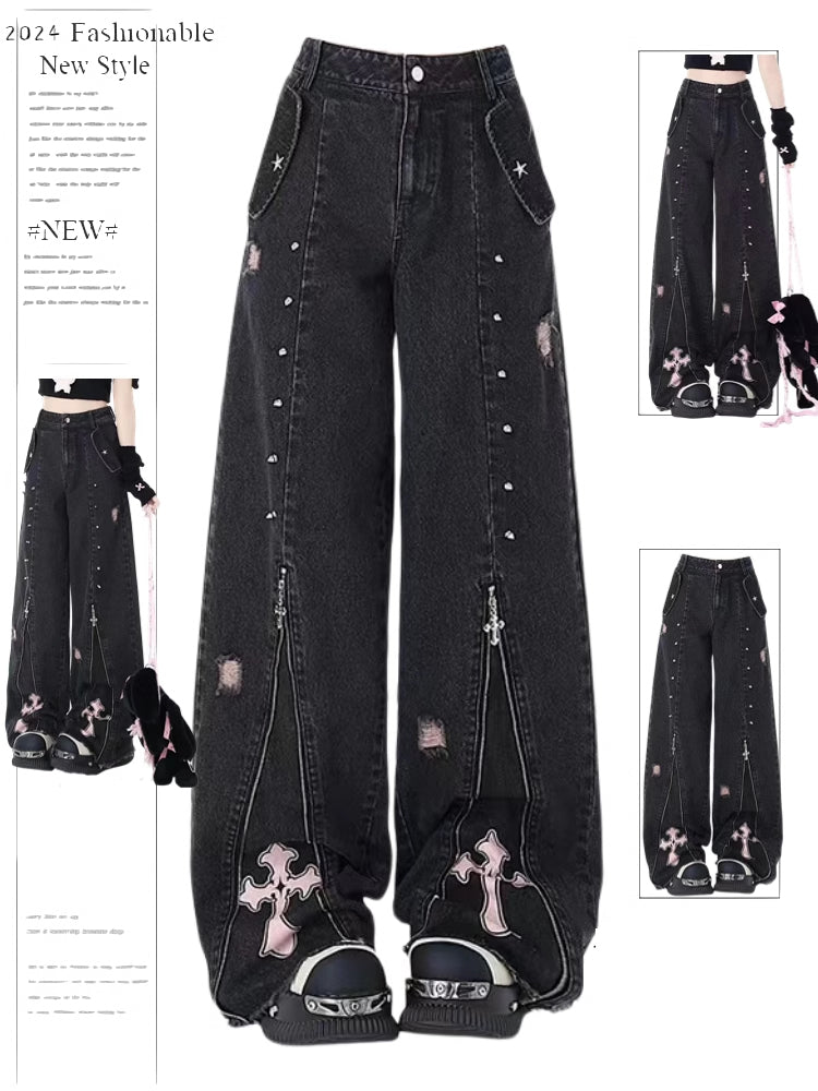 christmas outfit JazzHer Women Clothing Black Gothic Jeans 90s Aesthetic Y2k Oversize Denim Trousers Vintage Harajuku Korean Emo 2000s Trashy Jean Pants
